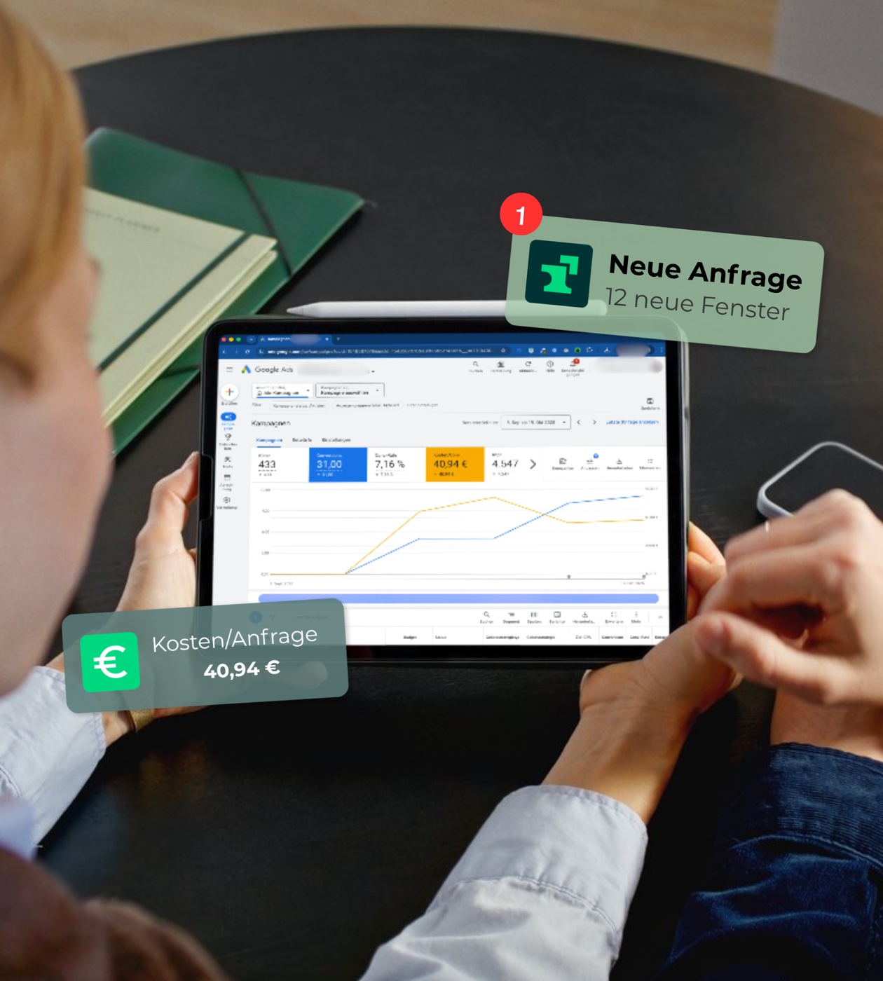 Google Ads Konto mit neuer Anfrage auf einem Tablet